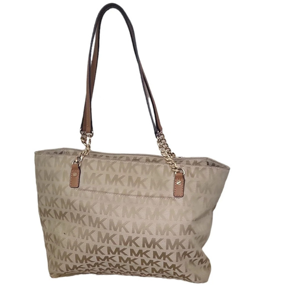 Michael Kors Beige/Cognac Signature Canvas Leather Tote - Picture 3 of 6